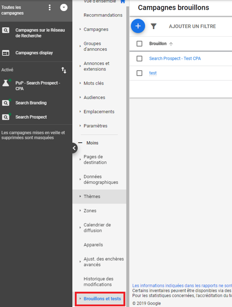 Activer campagne test sur Google Ads